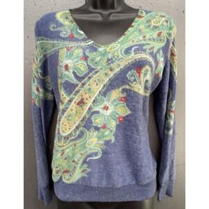 Talbots Sweater M Blue Floral Paisley Merino Wool Pullover Preppy Boho Artsy